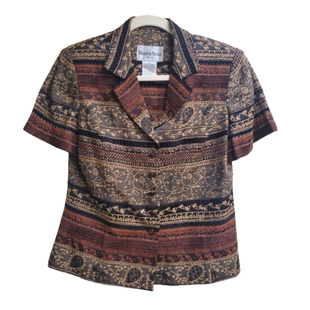 Danny & Nicole Short Sleeve Tapestry Blazer Jacket Brown Paisley Print 8P